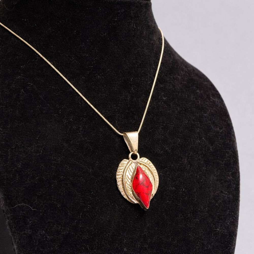 Vintage Mexican Silver Red Jasper Pendant Southwestern Boho Artisan Feather 925